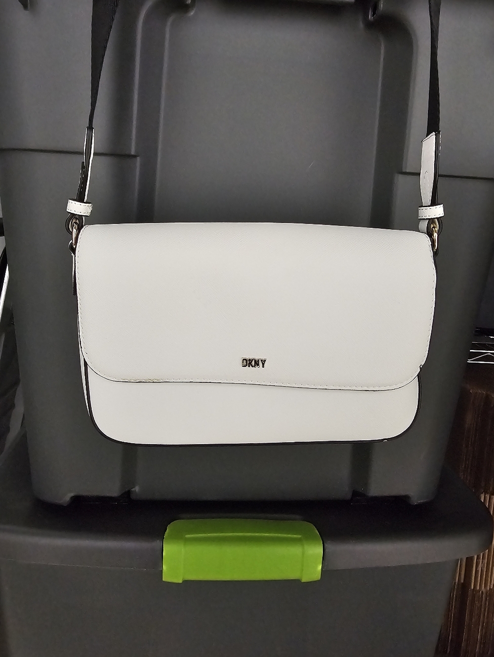 DKNY White Leather Crossbody with Black Strap